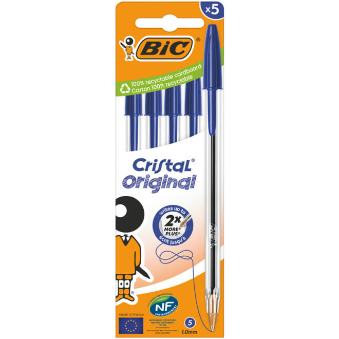 Balpen Bic Cristal medium blauw blister à 5 stuks
