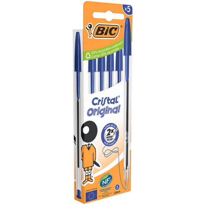 Balpen Bic Cristal medium blauw blister à 5 stuks