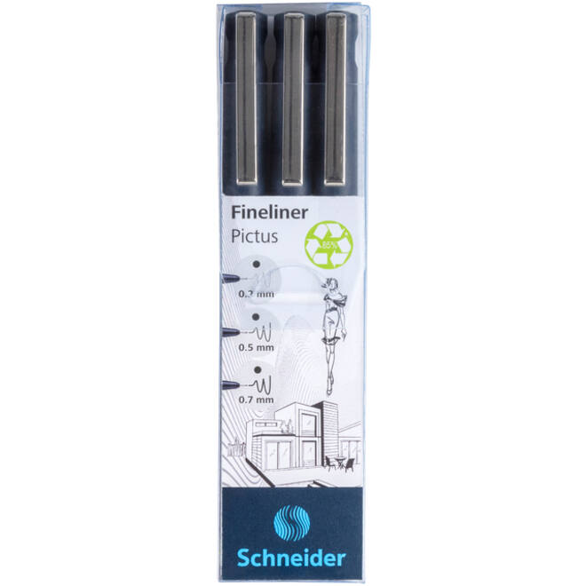 Fineliner Schneider Pictus zwart etui à 3 stuks