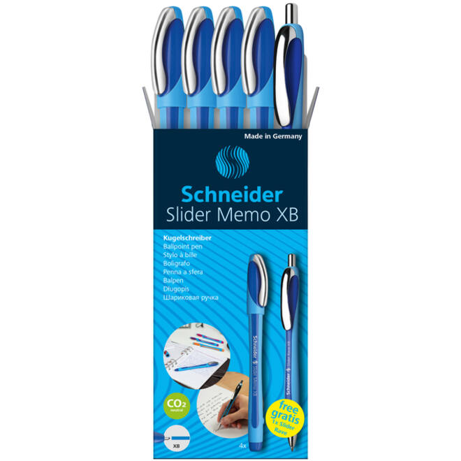 Balpen Schneider Slider Memo XB blauw 4st + 1 gratis Slider balpen