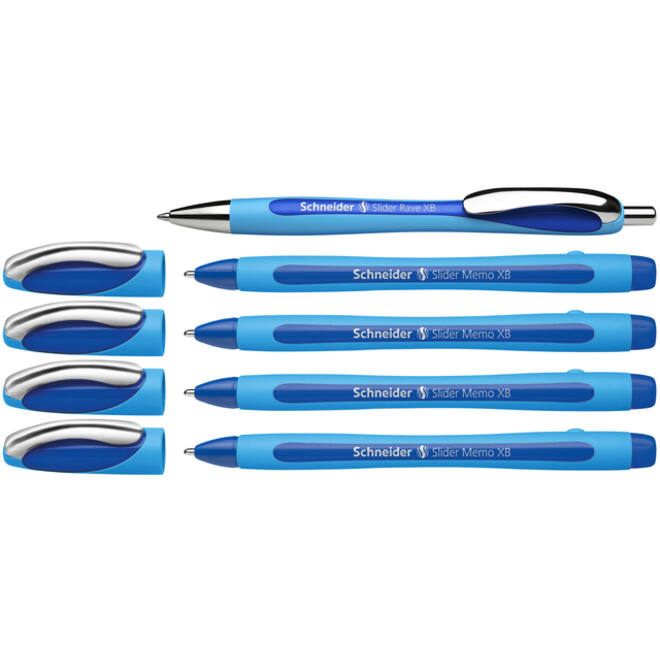 Balpen Schneider Slider Memo XB blauw 4st + 1 gratis Slider balpen
