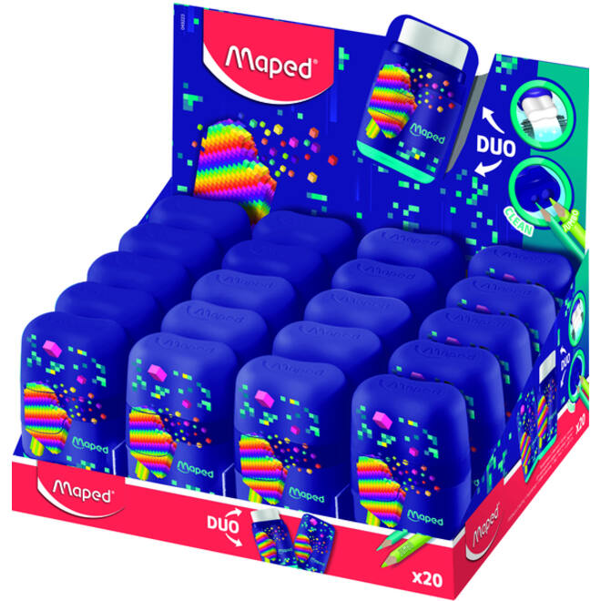 Puntenslijper Maped Pixel Party Connect 2-gaats met gum display à 20 stuks