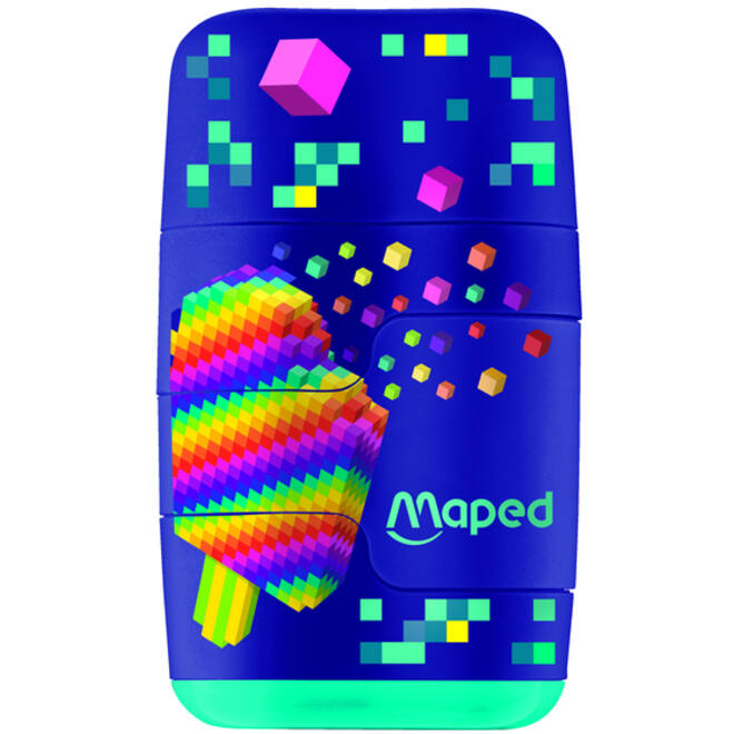 Puntenslijper Maped Pixel Party Connect 2-gaats met gum display à 20 stuks