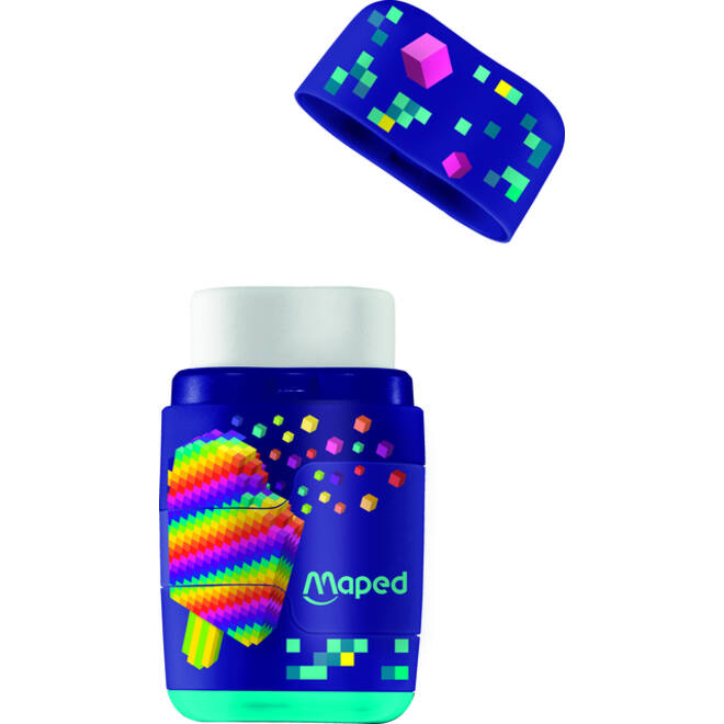 Puntenslijper Maped Pixel Party Connect 2-gaats met gum display à 20 stuks