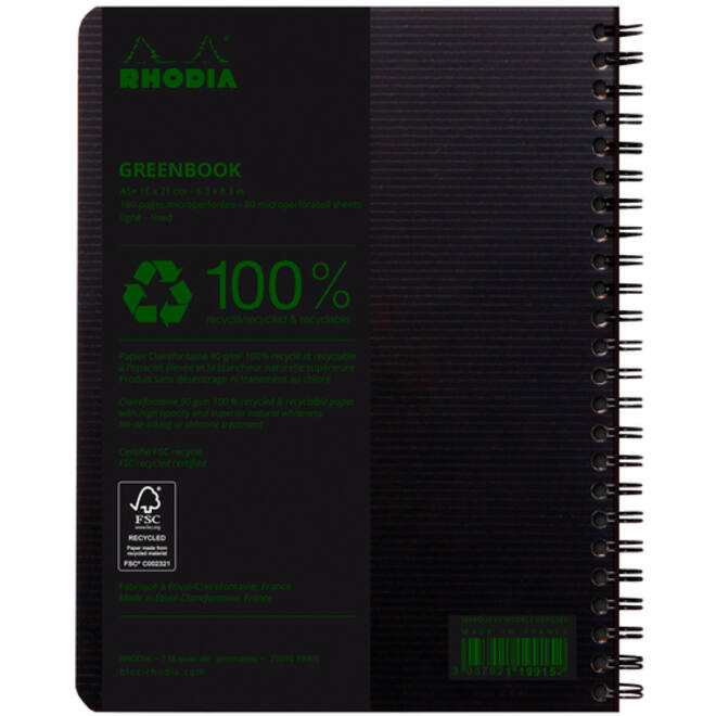 Notitieboek Rhodia Greenbook A5 lijn 6-gaats 180 pagina's 90gr zwart