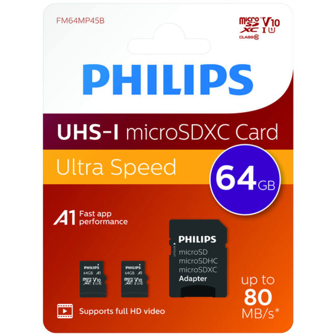 Geheugenkaart Philips micro SDXC Class 10 UHS-I U1 64GB 2 stuks