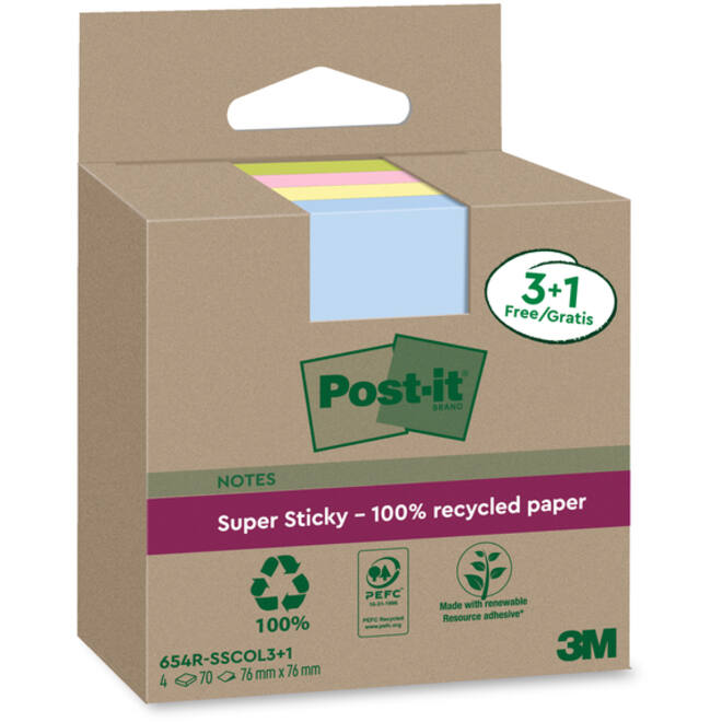 Memoblok 3M Post-it 654 RSSCOL 76x76mm assorti kleur 3+1 gratis