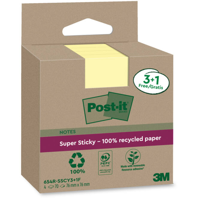Memoblok 3M Post-it 654 RSSCOL 76x76mm geel 3+1 gratis