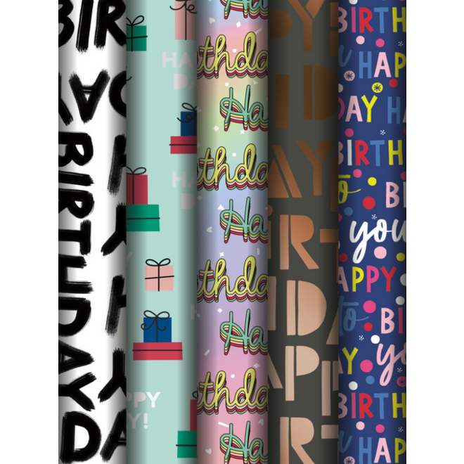 Inpakpapier Stewo Happy Birthday 200x70cm assorti