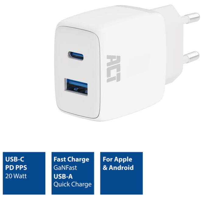 Oplader act 20w 2-poorts usb a+c wit