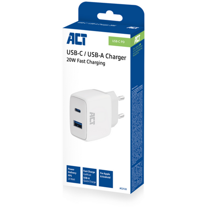 Oplader act 20w 2-poorts usb a+c wit