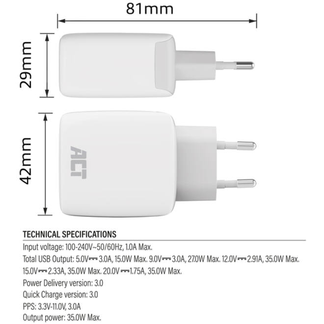 Oplader act 35w 1-poort usb c wit