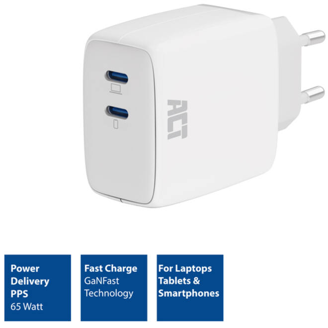 Oplader act 65w 2-poorts usb c wit