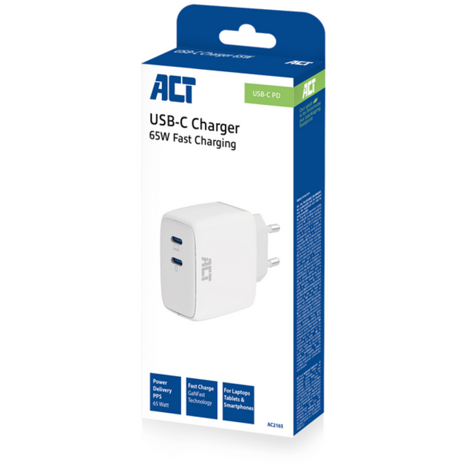 Oplader act 65w 2-poorts usb c wit