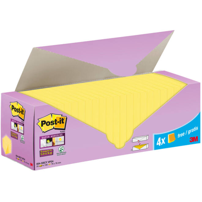 Memoblok 3M Post-it 654-SSCY Super Sticky 76x76mm geel voordeelpak