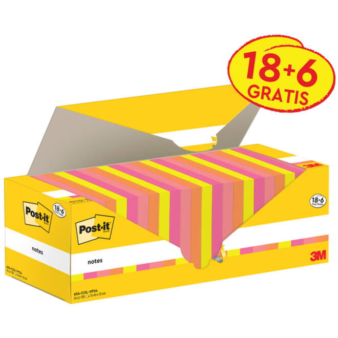 Memoblok 3M Post-it 654-COL 76x76mm kleur ass voordeelpak