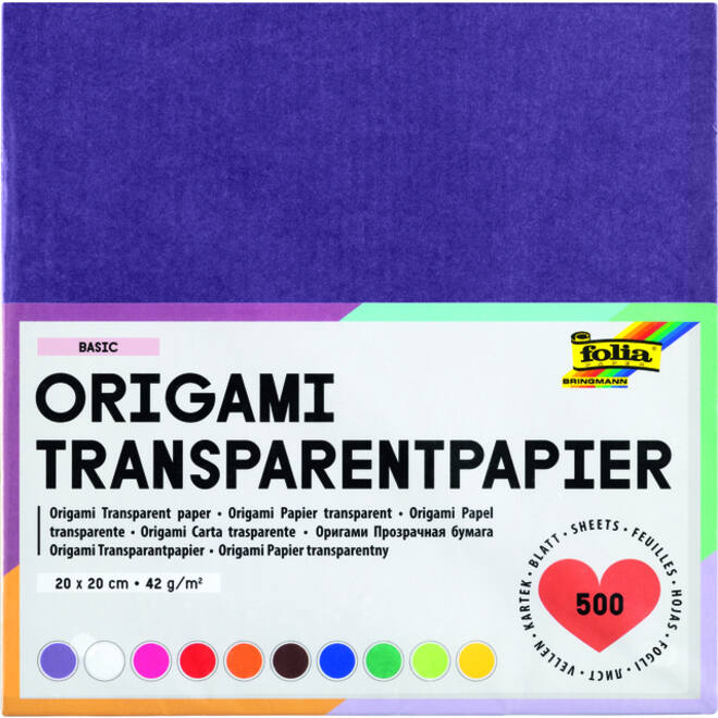 Origami papier Folia 20x20cm transparant 42gr 500 vel in 10 kleuren