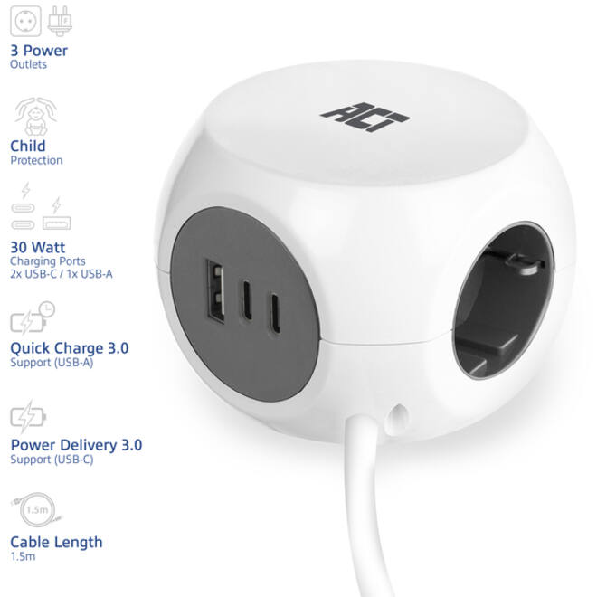 Stekkerblok ACT 3 voudig inclusief 2x USB C/A 1.5 meter wit/grijs
