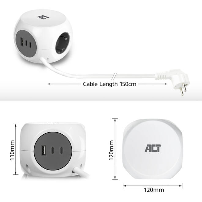 Stekkerblok ACT 3 voudig inclusief 2x USB C/A 1.5 meter wit/grijs