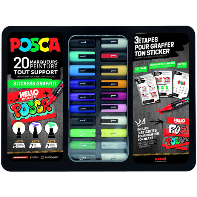 Verfstift Posca Sticker Graffiti assorti metalen koffer à 20 stuks