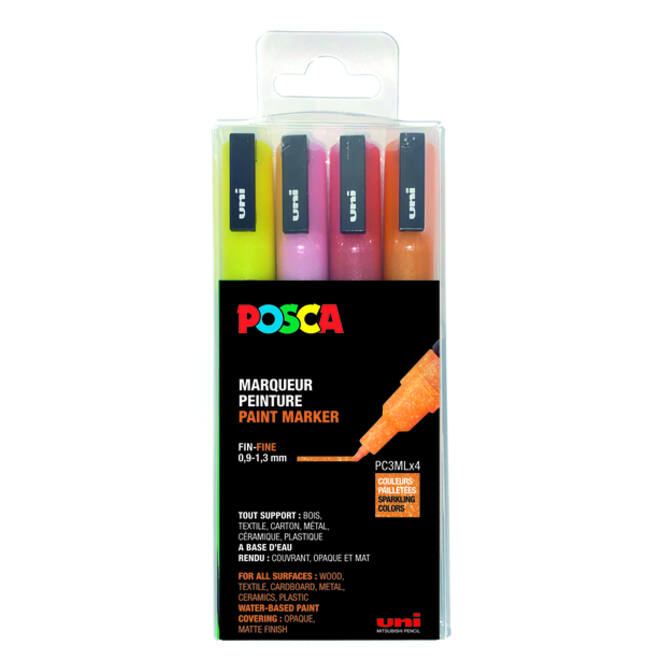 Verfstift Posca PC3M fijn glitter warm assorti set à 4 stuks