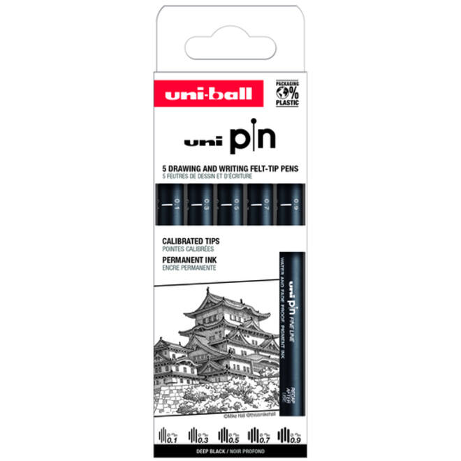 Fineliner Uni-ball Pin ASP008 set à 5 breedtes zwart
