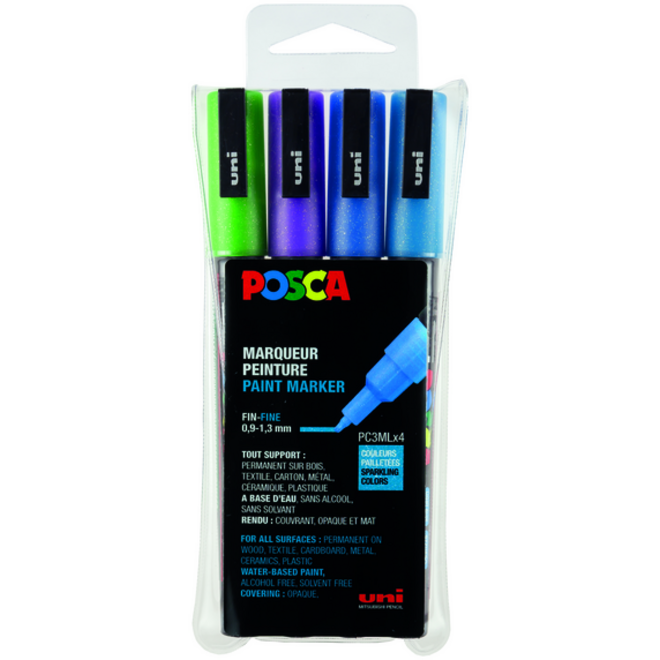 Verfstift Posca PC3M fijn glitter koel assorti set à 4 stuks