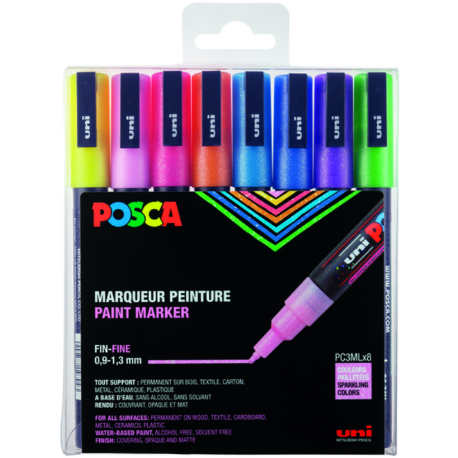 Verfstift Posca PC3M fijn glitter pastel assorti set a 8 stuks