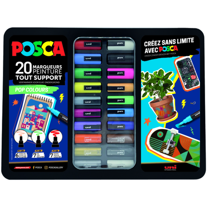Verfstift Posca Pop Colours assorti metalen koffer à 20 stuks