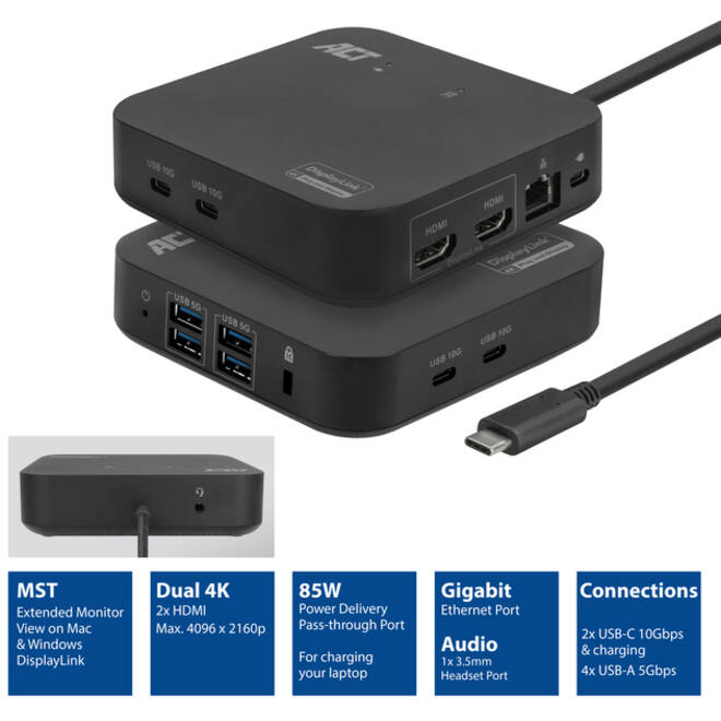 Dockingstation ACT USB-C Dual Monitor met Power Delivery