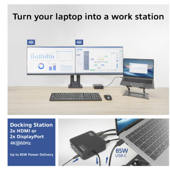 Dockingstation ACT USB-C Dual Monitor met Power Delivery