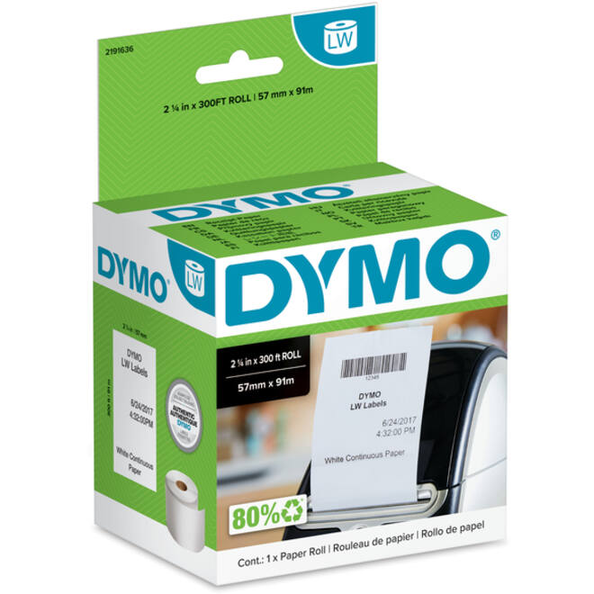 Papierrol Dymo LabelWriter doorlopend 57mmx91m 1 rol wit