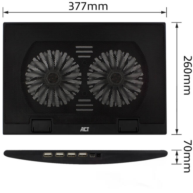 Laptopstandaard ACT 2 standen met ventilator 4-p hub