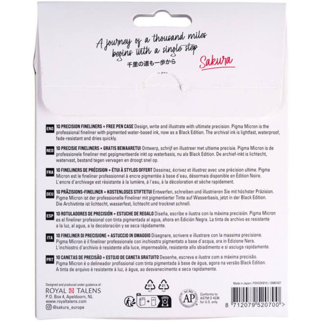 Fineliner Sakura Pigma Micron Black Edition set à 10 breedtes + gratis etui