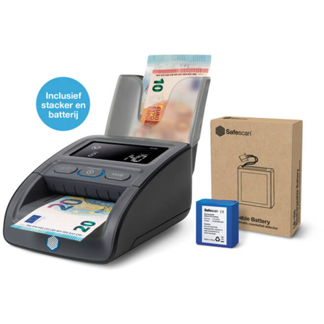 Valsgeld detector Safescan 155-S G2 complete set met oplaadbare batterij en biljetten stacker