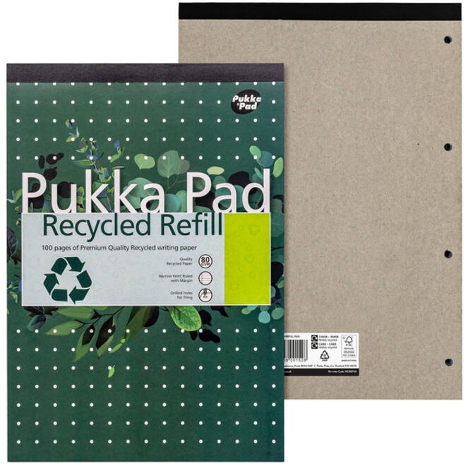 Schrijfblok Pukka Recycled A4 lijn 4-gaats 100 vel 80gr