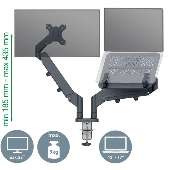 Monitor en Laptoparm Leitz Ergo ruimtebesparend dubbele monitorarm