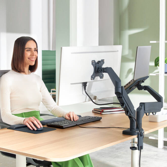 Monitor en Laptoparm Leitz Ergo ruimtebesparend dubbele monitorarm