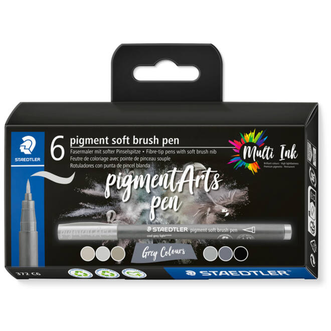 Brushpen Staedtler pigment pen etui à 6 grijze kleuren