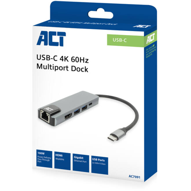 Dockingstation ACT USB-C 4K voor 1 HDMI monitor
