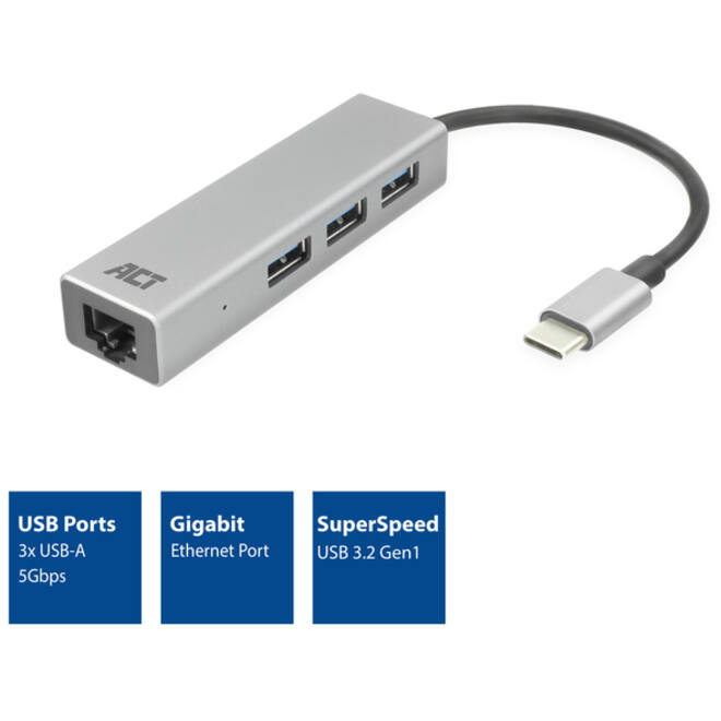 Hub ACT USB-C 3.0 3x USB-A Gigabit ethernet