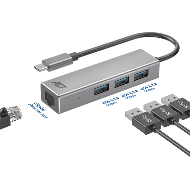 Hub ACT USB-C 3.0 3x USB-A Gigabit ethernet