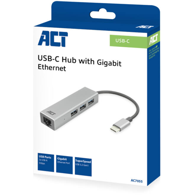 Hub ACT USB-C 3.0 3x USB-A Gigabit ethernet
