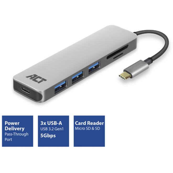 Hub ACT USB-C 3.0, 3x USB-A cardreader PD p-through