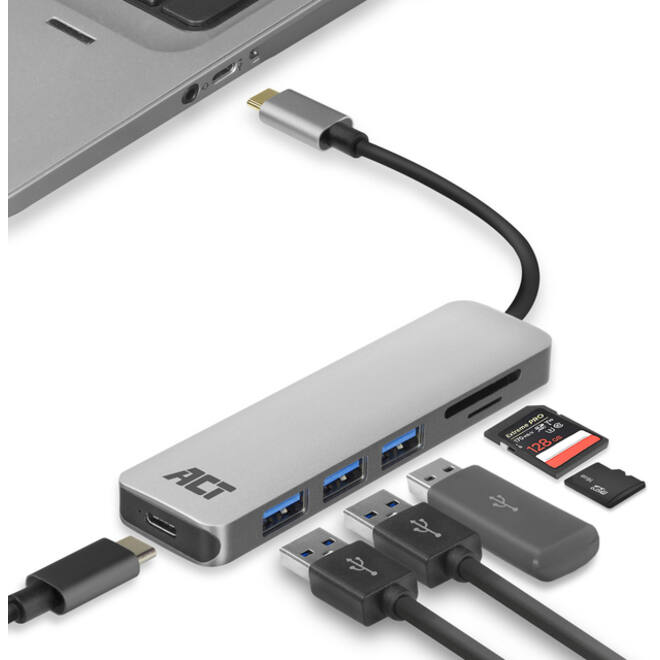 Hub ACT USB-C 3.0, 3x USB-A cardreader PD p-through