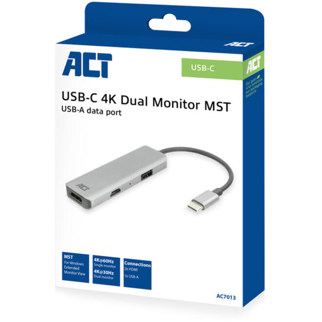 Adapter ACT USB-C 4K multiport voor 2 HDMI monitoren
