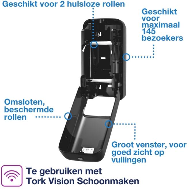 Toiletpapierdispenser Tork T7 Elevation OptiServe Coreless medium verticaal duo zwart 558042
