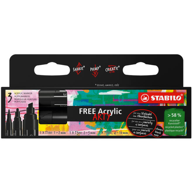Acrylmarker STABILO Free Acrylic Mixed Tip set à 3 breedtes zwart