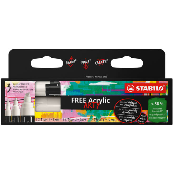 Acrylmarker STABILO Free Acrylic Mixed Tip set à 3 breedtes wit