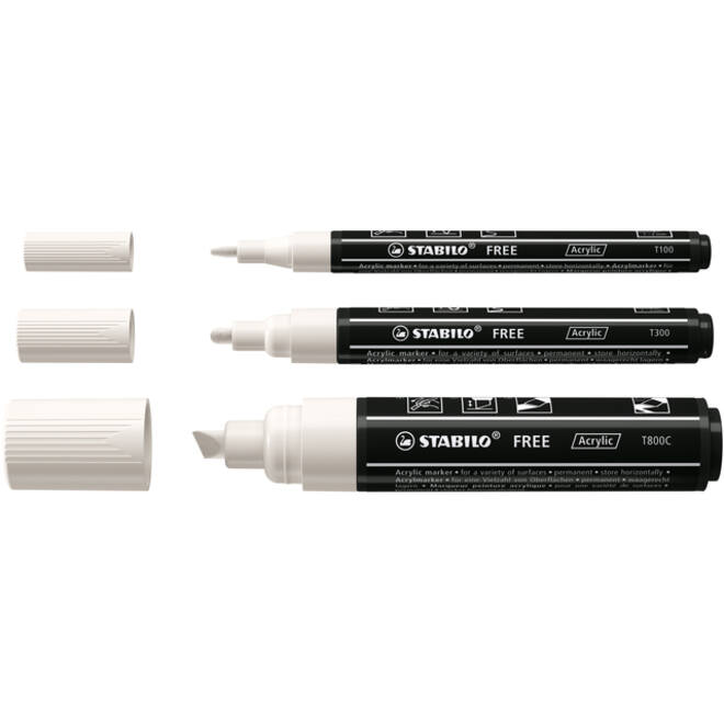 Acrylmarker STABILO Free Acrylic Mixed Tip set à 3 breedtes wit